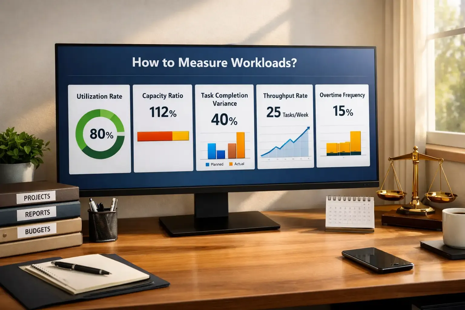 Dashboard showing workload metrics in a modern office workspace